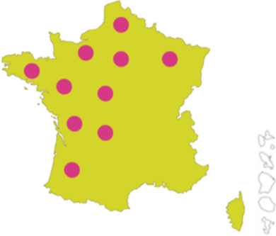 Carte de France avec des points figurant l'implantation des 10 collectifs Un avenir après le travail